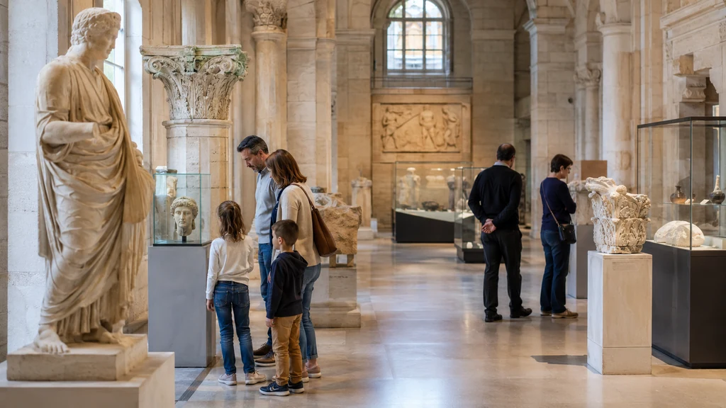Famille visitant les collections archéologiques et antiques dans un musée de Saintes