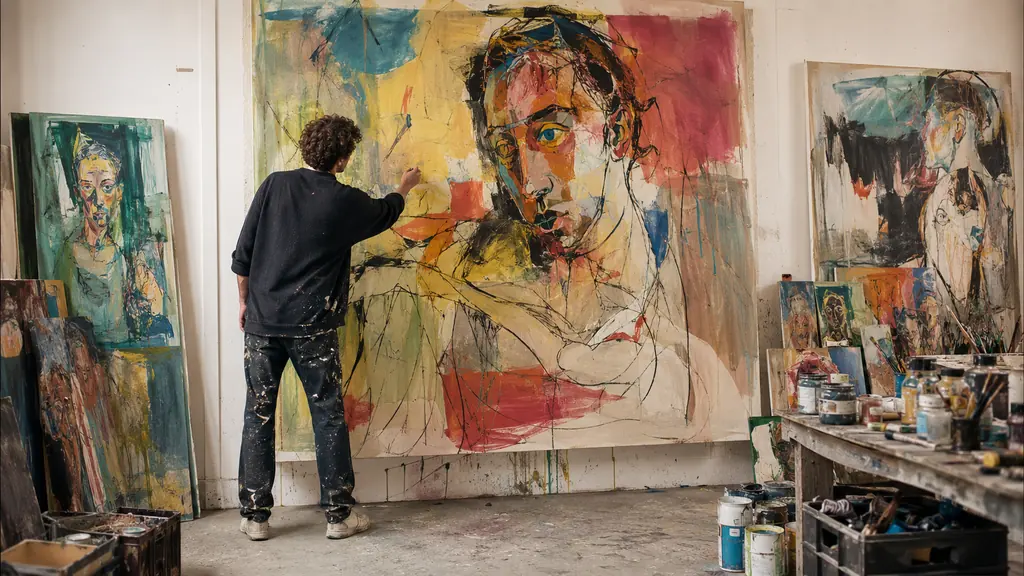 Peintre travaillant sur un grand portrait déstructuré aux couleurs vives dans un atelier d’art contemporain.