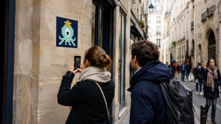 Personne photographiant une mosaïque de pixel art sur un mur dans une rue de Paris