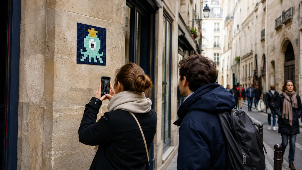 Personne photographiant une mosaïque de pixel art sur un mur dans une rue de Paris