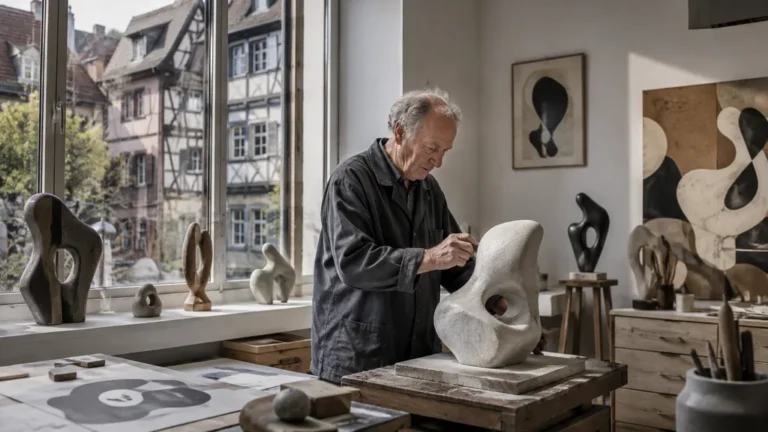 Artiste travaillant une sculpture abstraite dans un atelier alsacien lumineux