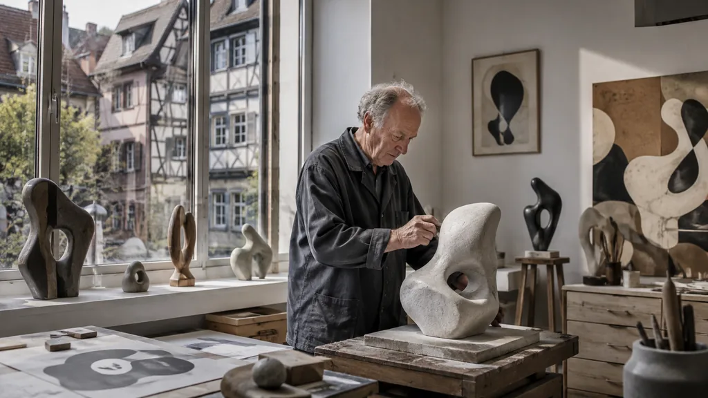Artiste travaillant une sculpture abstraite dans un atelier alsacien lumineux