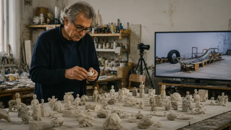 Artiste travaillant dans son atelier sur des œuvres inspirées par les couleurs et les formes de l’automne