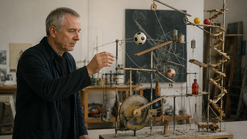 Peter Fischli travaillant sur une installation artistique composée d’objets du quotidien dans son atelier