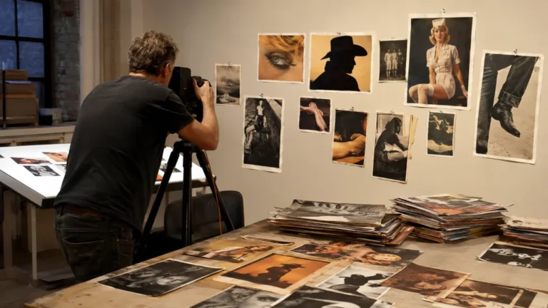 Artiste photographiant des images publicitaires recadrées dans un atelier consacré à la rephotographie et à l’appropriation artistique.