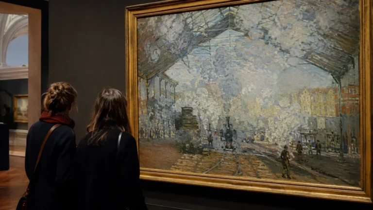 Visiteurs observant au musée une peinture impressionniste représentant la gare Saint-Lazare de Claude Monet