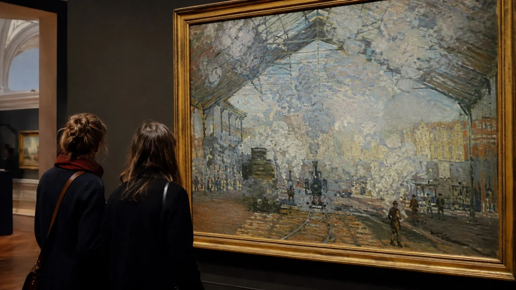 Visiteurs observant au musée une peinture impressionniste représentant la gare Saint-Lazare de Claude Monet