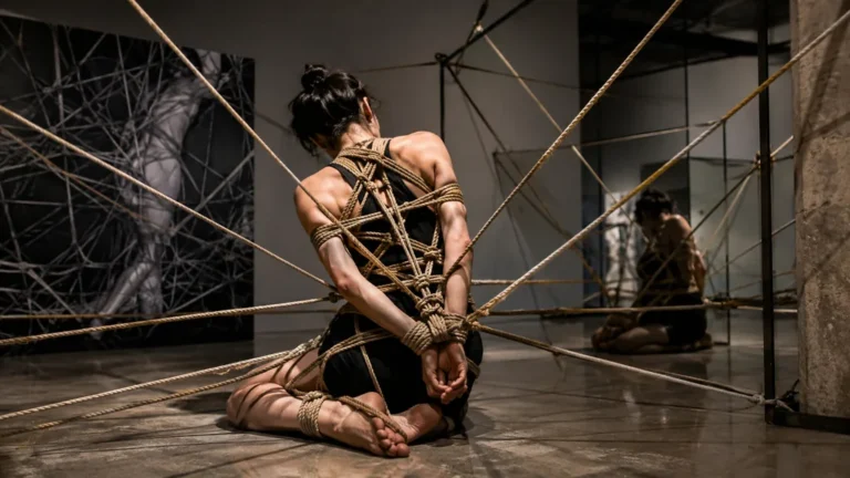 Performance de shibari dans une galerie contemporaine avec un modèle attaché par un réseau de cordes artistiques