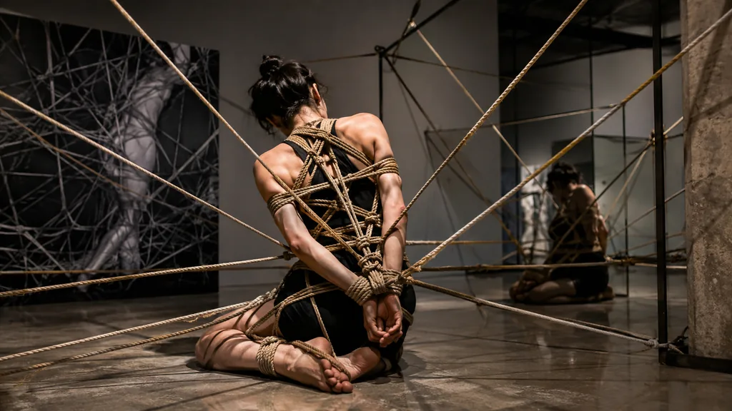 Performance de shibari dans une galerie contemporaine avec un modèle attaché par un réseau de cordes artistiques