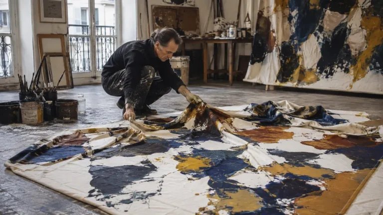 Artiste dépliant une grande toile abstraite peinte selon la méthode du pliage dans son atelier.