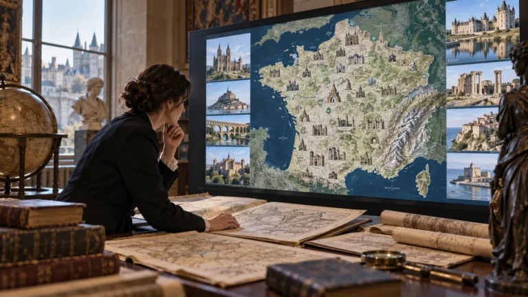 Chercheuse consultant une carte numérique du patrimoine français
