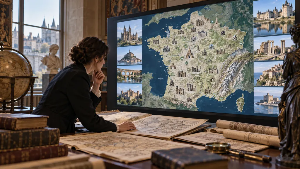 Chercheuse consultant une carte numérique du patrimoine français