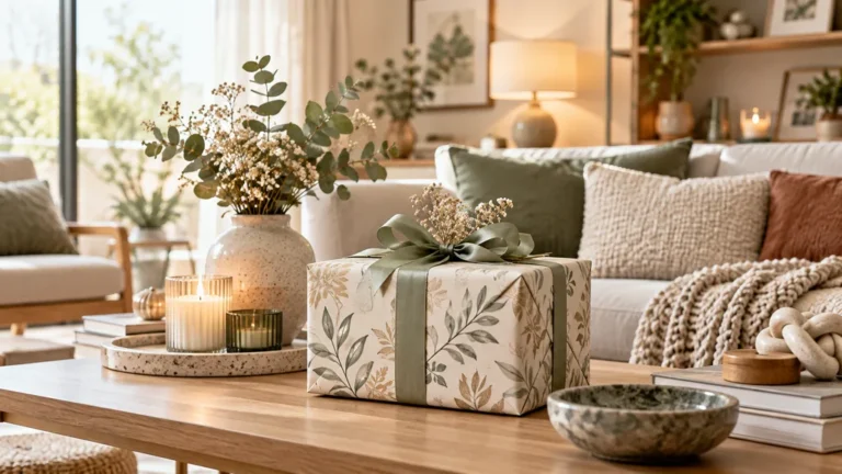Cadeau déco emballé dans un salon moderne et chaleureux