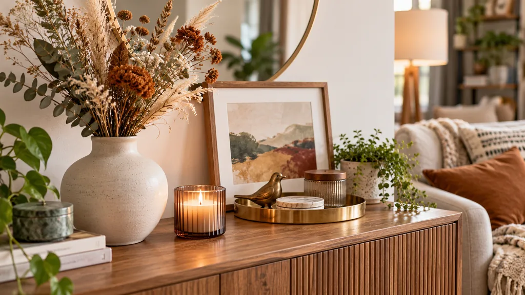 Objets décoratifs disposés sur un meuble dans un intérieur chaleureux