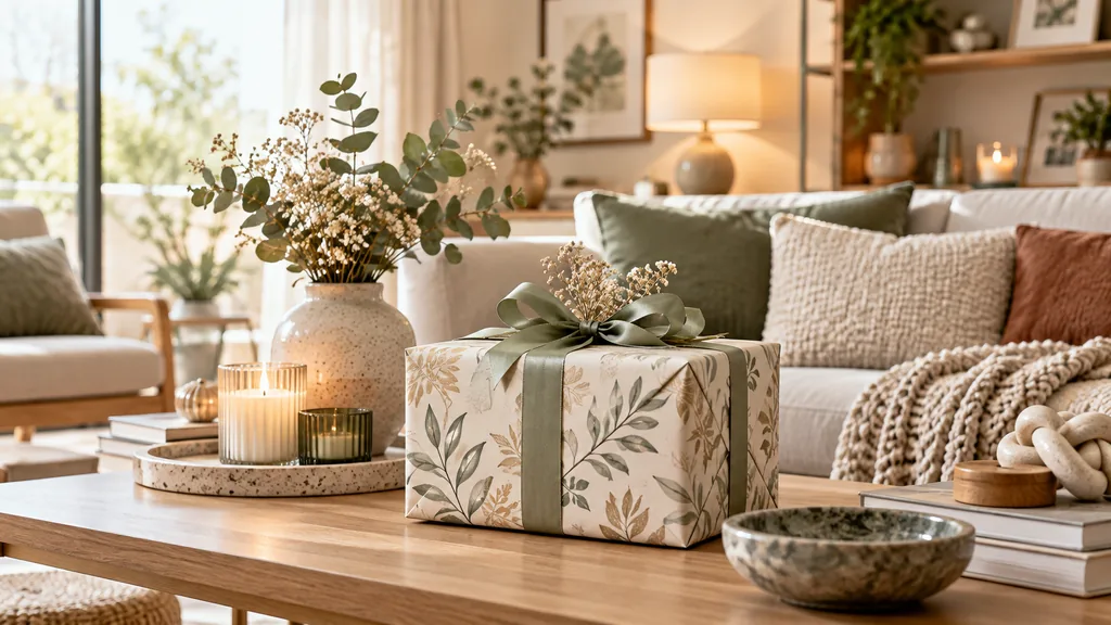 Cadeau déco emballé dans un salon moderne et chaleureux
