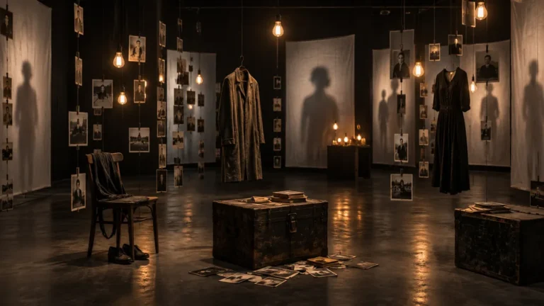 Installation sombre originale avec photographies, vêtements et ampoules suspendues