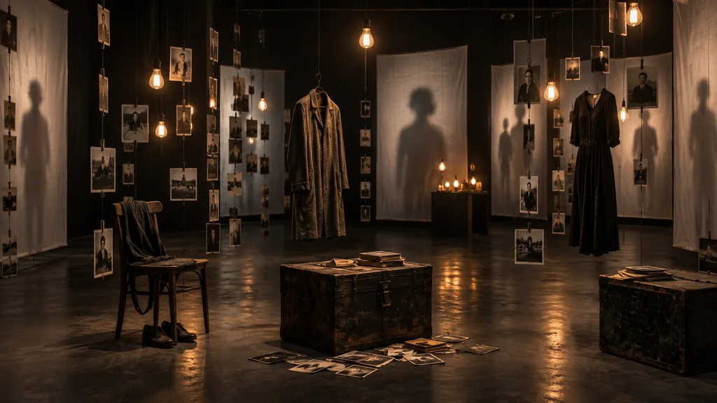 Installation sombre originale avec photographies, vêtements et ampoules suspendues