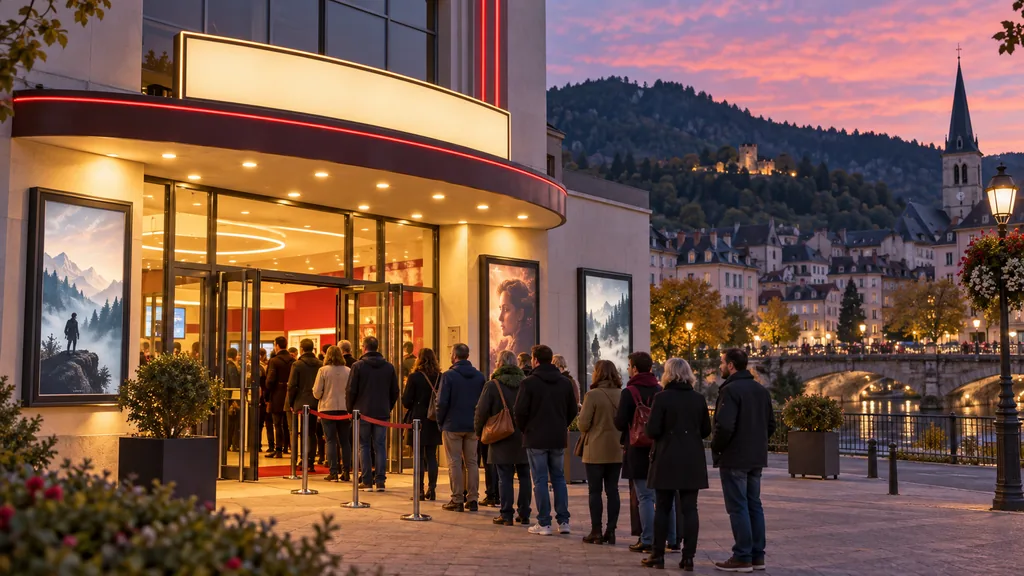 Public attendant devant un cinéma d’Épinal au coucher du soleil
