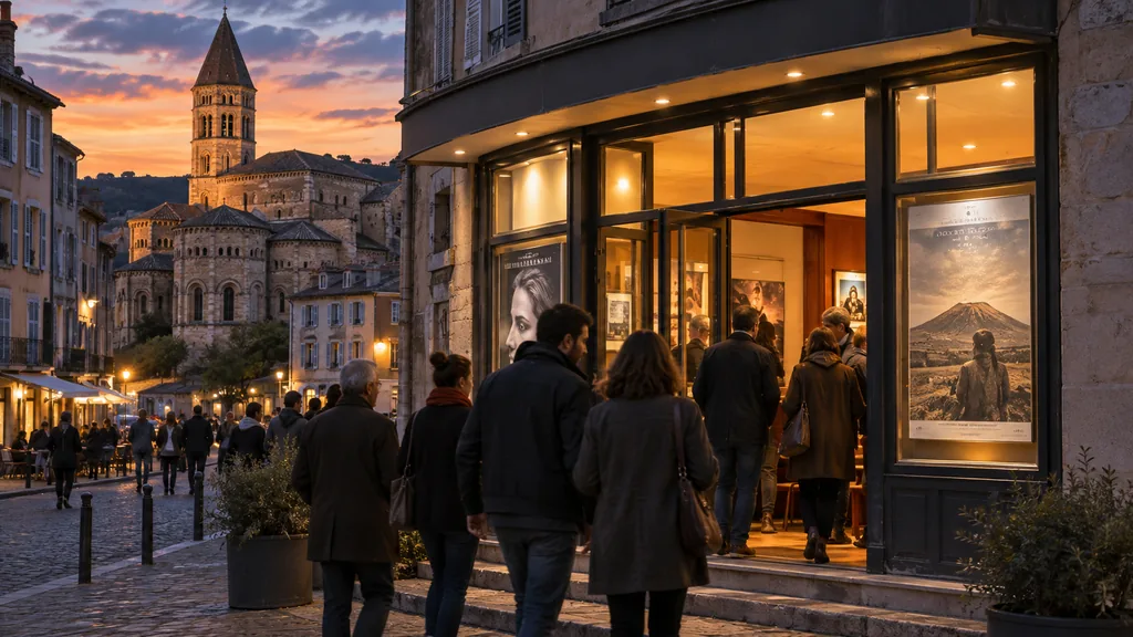 Public entrant dans un cinéma du centre d’Issoire au crépuscule
