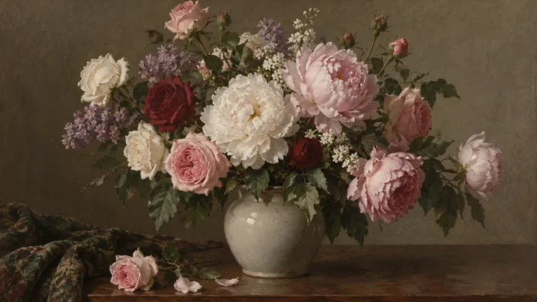 Bouquet original de roses et pivoines dans un vase de céramique