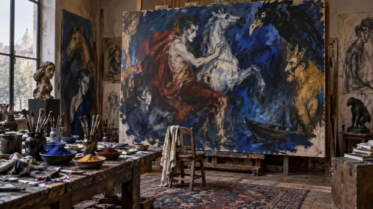 Atelier contemporain avec une grande scène mythique peinte en bleu et ocre