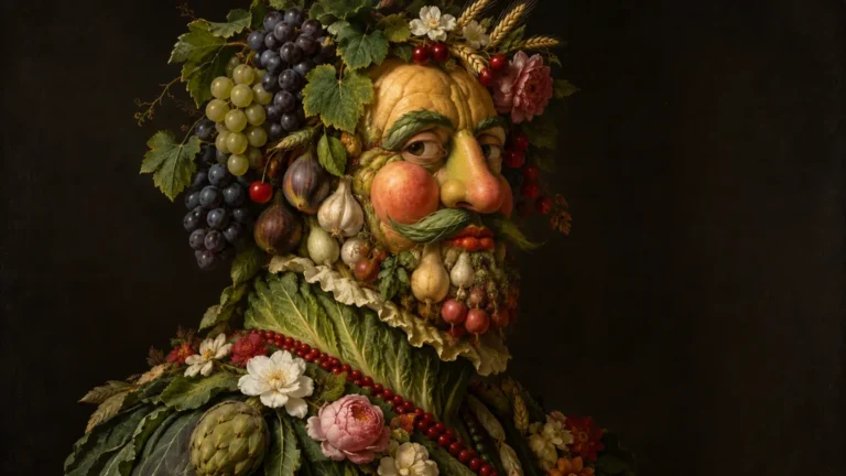 Portrait Renaissance original composé de fruits, légumes et fleurs