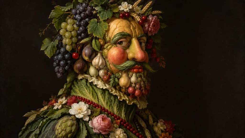Portrait Renaissance original composé de fruits, légumes et fleurs