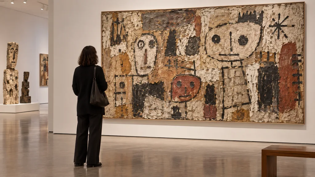 Visiteuse face à une grande composition aux matières brutes