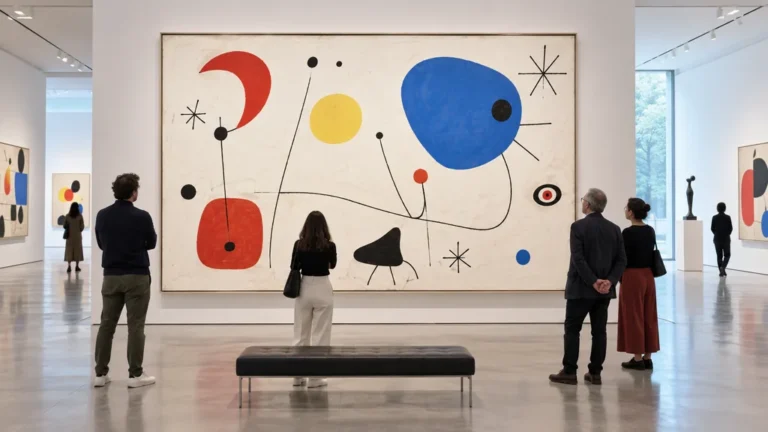 Visiteurs devant une composition abstraite originale aux couleurs primaires