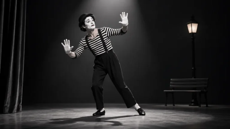 Mime en noir et blanc interprétant une scène poétique sous un projecteur