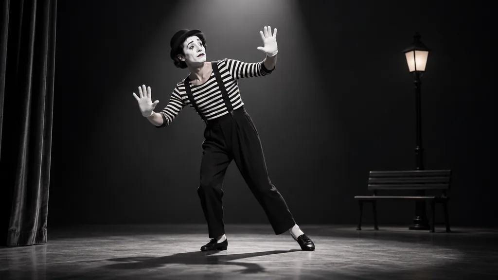 Mime en noir et blanc interprétant une scène poétique sous un projecteur