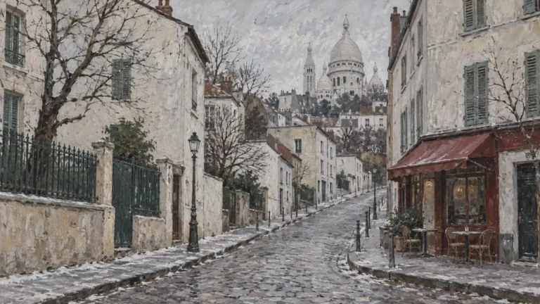 Rue enneigée originale de Montmartre peinte dans une palette blanche et grise
