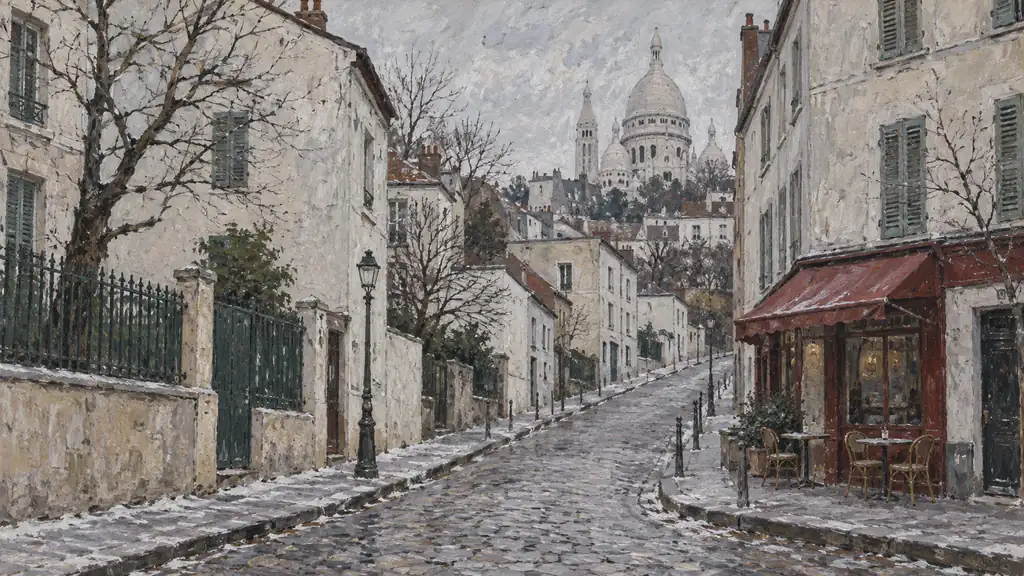 Rue enneigée originale de Montmartre peinte dans une palette blanche et grise