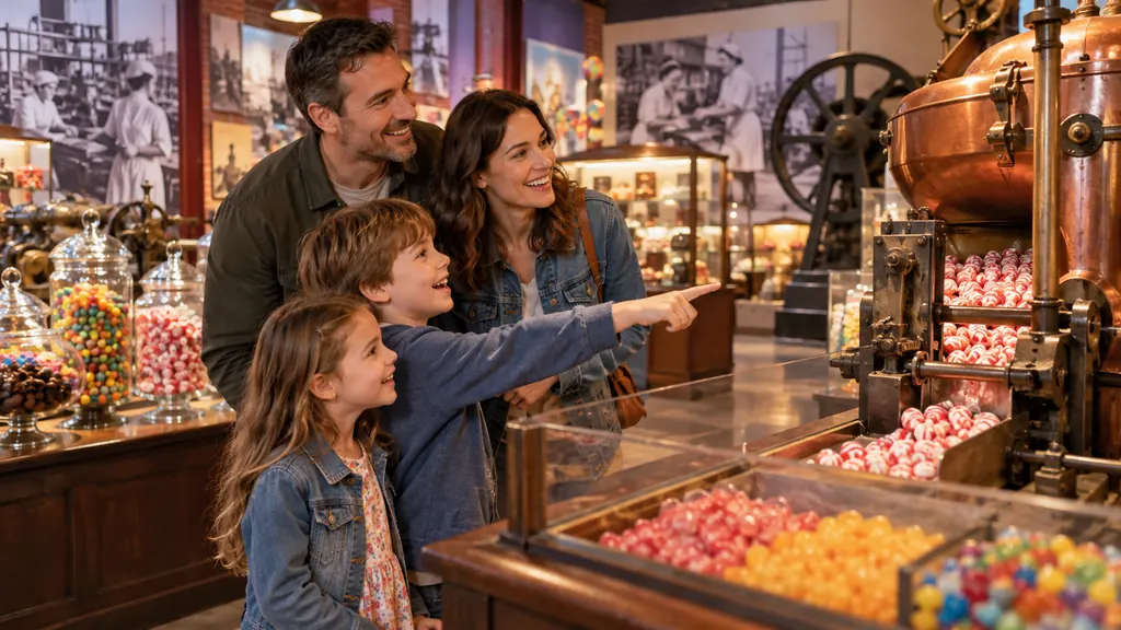 Famille découvrant les machines et bonbons d’un musée de la confiserie