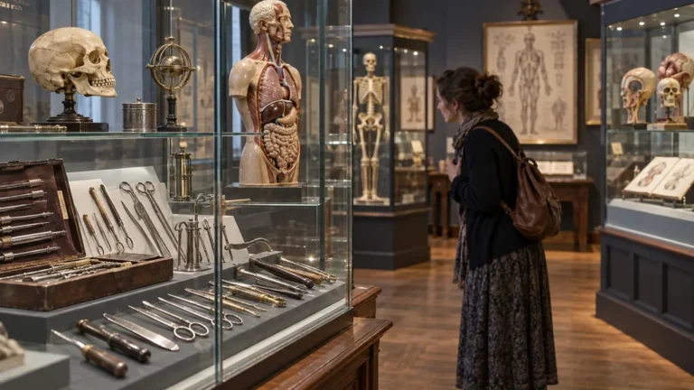 Visiteuse observant des instruments médicaux anciens dans des vitrines