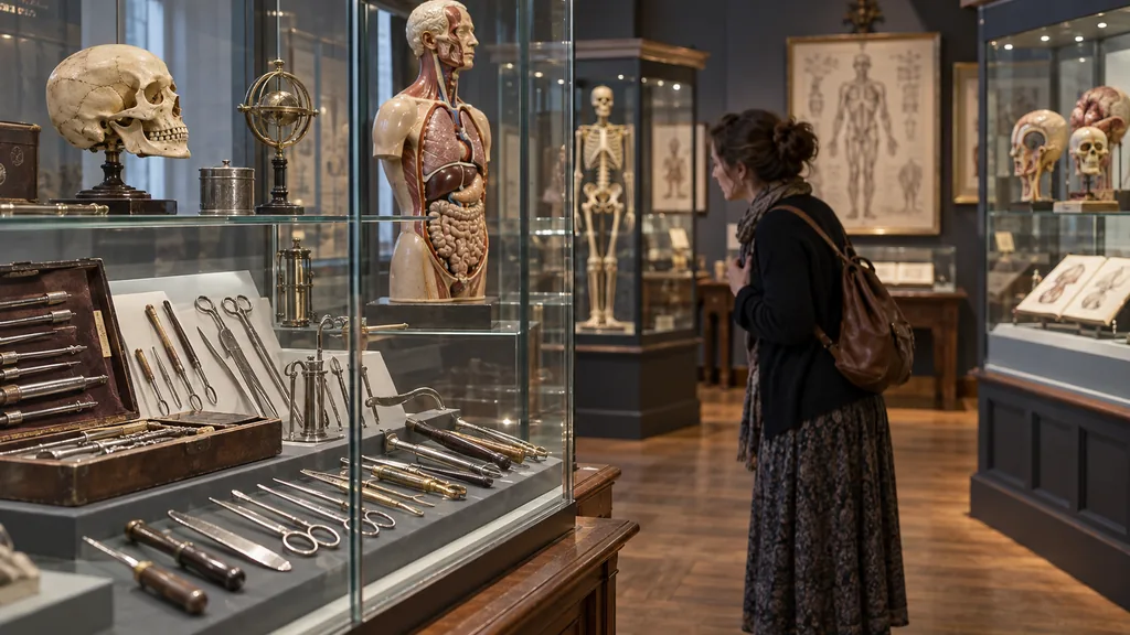 Visiteuse observant des instruments médicaux anciens dans des vitrines