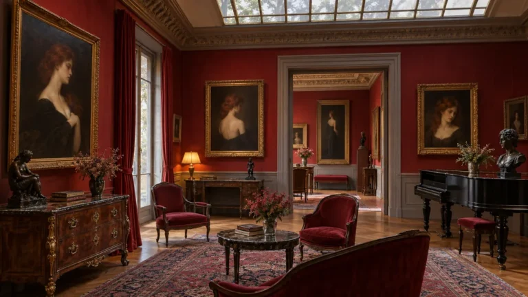 Salon rouge d’un hôtel particulier parisien consacré aux portraits du XIXe siècle