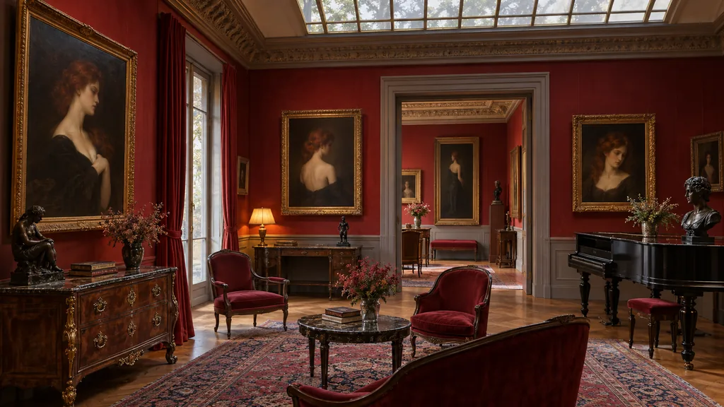 Salon rouge d’un hôtel particulier parisien consacré aux portraits du XIXe siècle