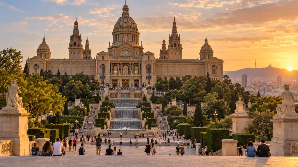 Palau Nacional de Barcelone et ses marches baignés par la lumière du soir