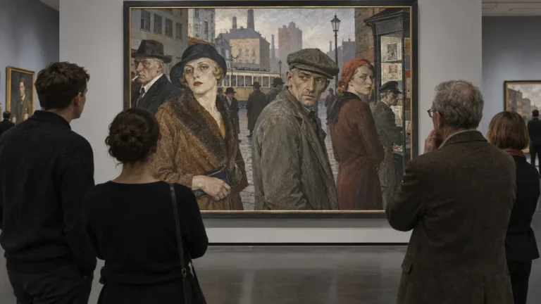 Visiteurs devant une scène urbaine originale inspirée de la Nouvelle Objectivité