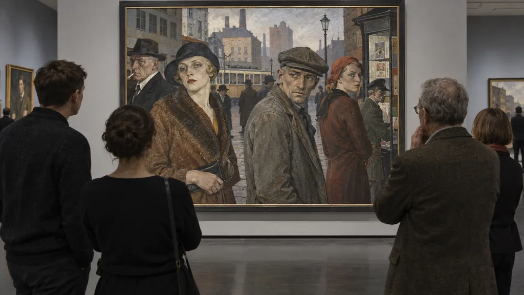 Visiteurs devant une scène urbaine originale inspirée de la Nouvelle Objectivité