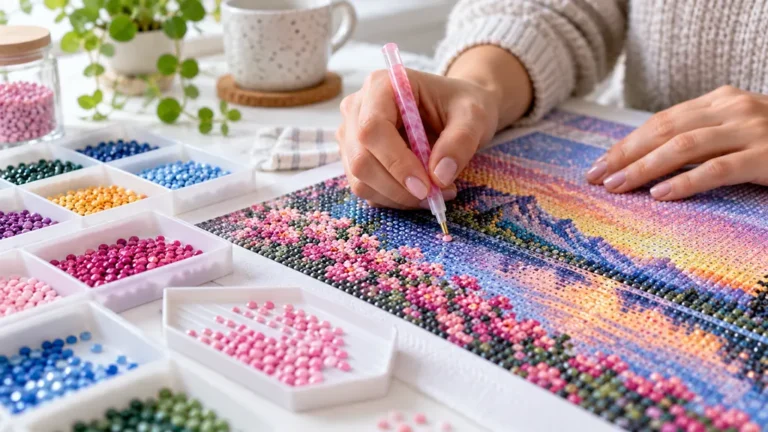 Main posant des perles facettées sur une toile de peinture diamant