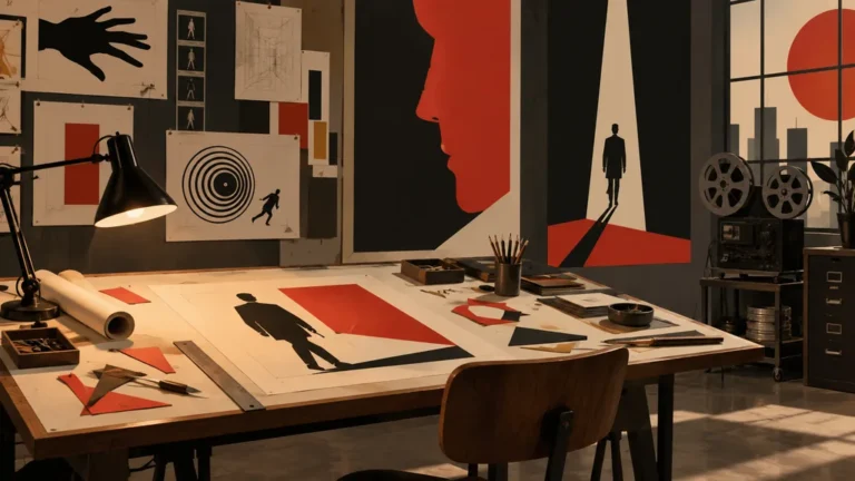 Studio graphique des années 1950 avec formes découpées rouges, noires et crème