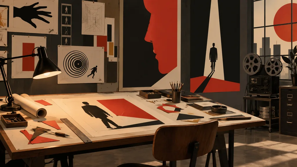 Studio graphique des années 1950 avec formes découpées rouges, noires et crème