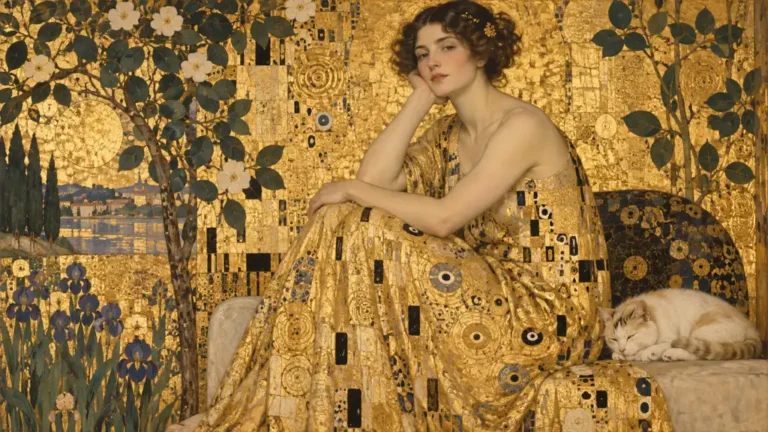 Portrait décoratif original entouré de mosaïques dorées et de motifs végétaux
