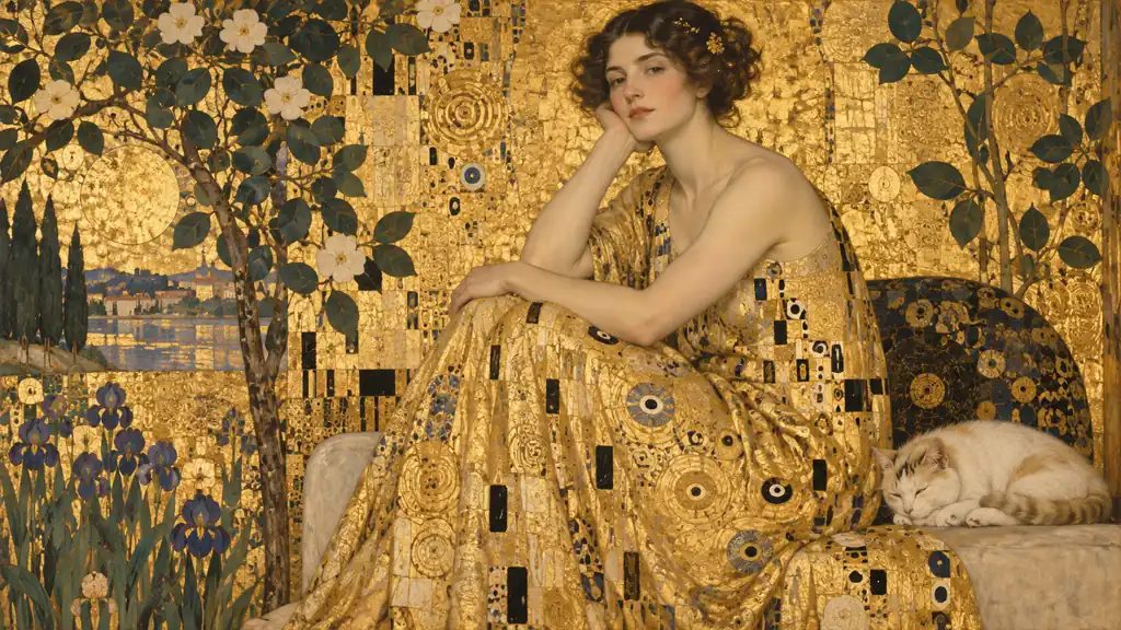 Portrait décoratif original entouré de mosaïques dorées et de motifs végétaux
