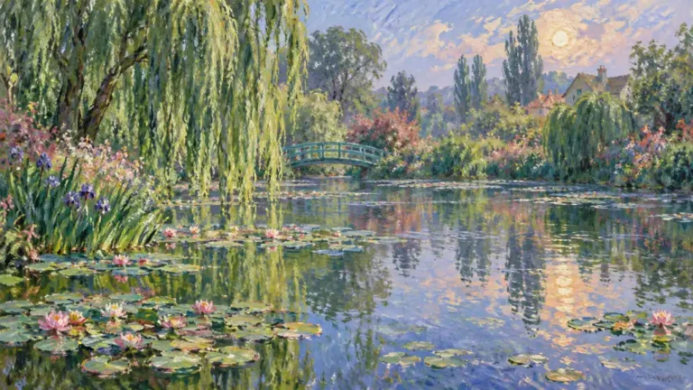 Jardin impressionniste original avec bassin, nymphéas et pont au soleil couchant
