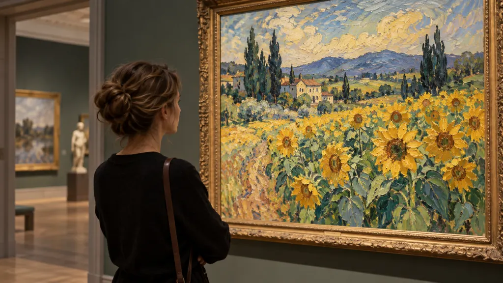 Visiteuse observant un paysage original de tournesols aux touches expressives
