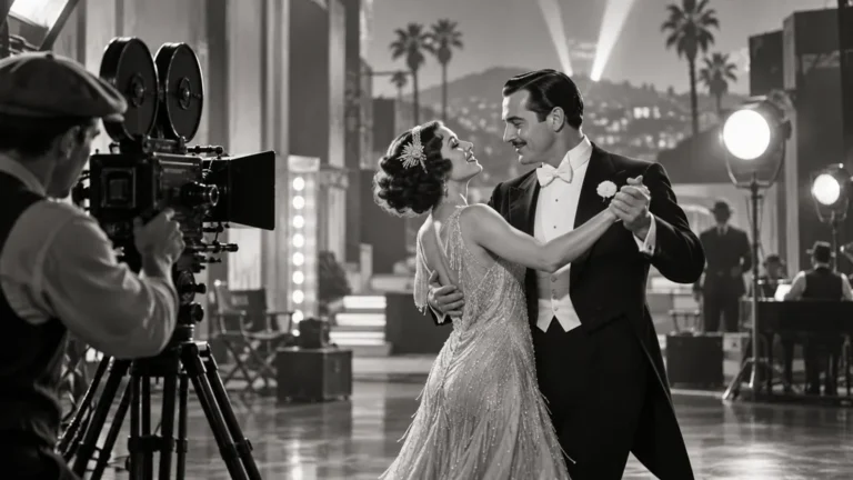 Tournage en noir et blanc d’une scène de danse inspirée du cinéma muet