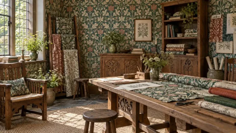 Atelier Arts and Crafts avec papier peint botanique et mobilier en bois